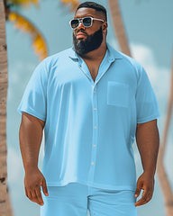 Men's Big and Tall Simple Solid Color Blue Shirt Shorts Set
