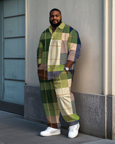 Big Men's Daily Casual Elegant Fresh Green Plaid Printed Long Sleeve Shirt Pants Set