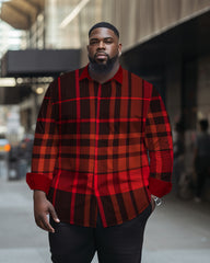 Men's Plus Size Red Black Plaid Long Sleeve Lapel Long Sleeve Shirt