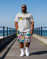 Big & Tall Men's Street Fashion Graffiti Letter Stripe Printed Short Sleeve Polo Shirt Shorts Set