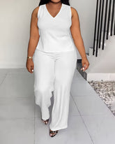 XL-4XL Women's Solid Color Casual V-neck Sleeveless Pants Set