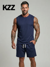 KZZ Men's Solid-Color Ribbed Sleeveless Vest and Shorts Two-Piece Set