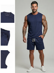 KZZ Men's Solid-Color Ribbed Sleeveless Vest and Shorts Two-Piece Set