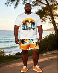 Big & Tall Men's Sunset Coconut Tree Holiday Printed Round Neck Short Sleeve T-Shirt Shorts Set