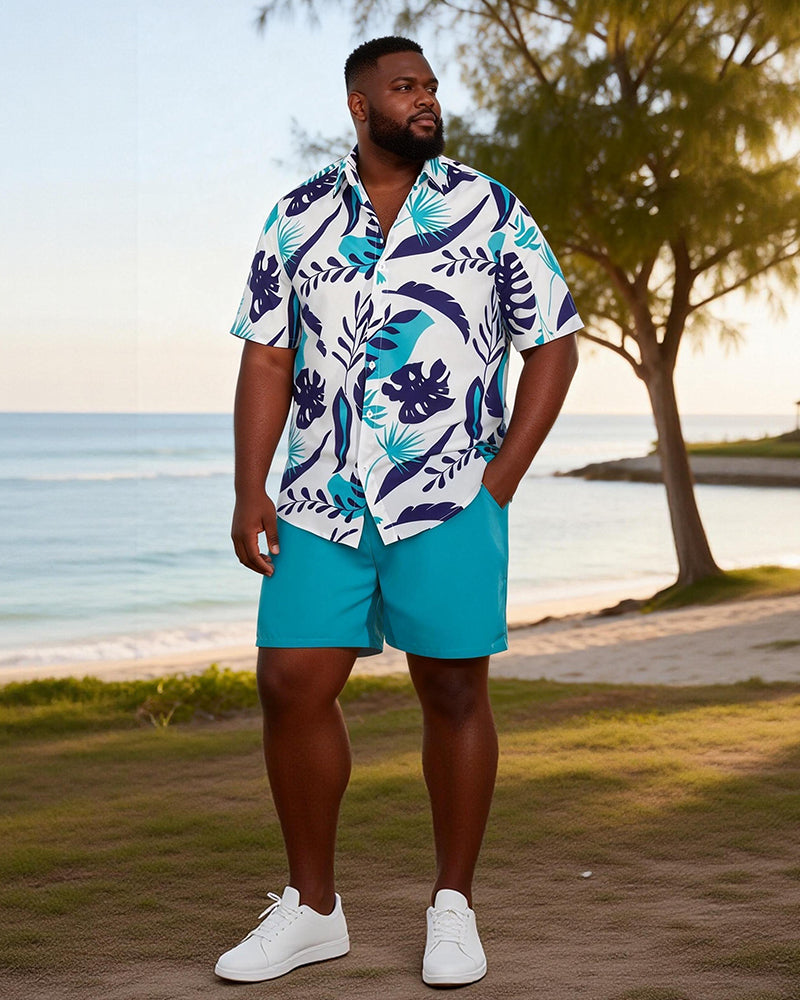 Big & Tall Men's Blue And White Tropical Leaf Print Short Sleeve Shirt Shorts Set
