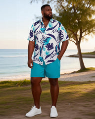 Big & Tall Men's Blue And White Tropical Leaf Print Short Sleeve Shirt Shorts Set