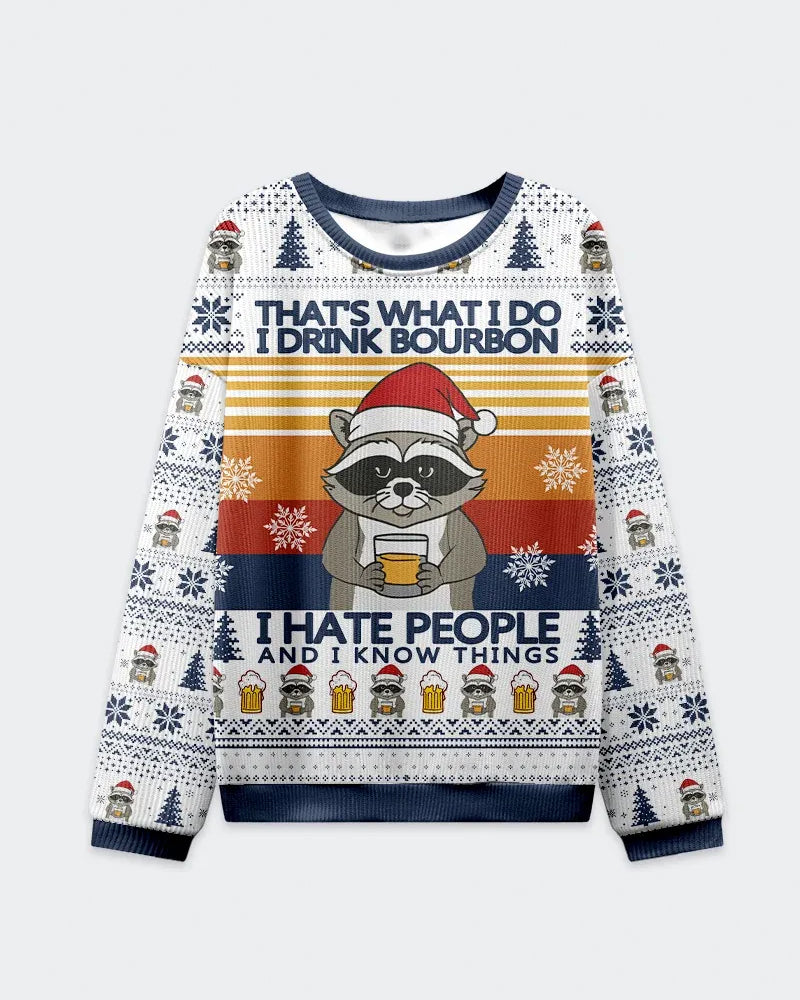 Big & Tall Men's Christmas Raccoon Whiskey Print Crewneck Ugly Sweater