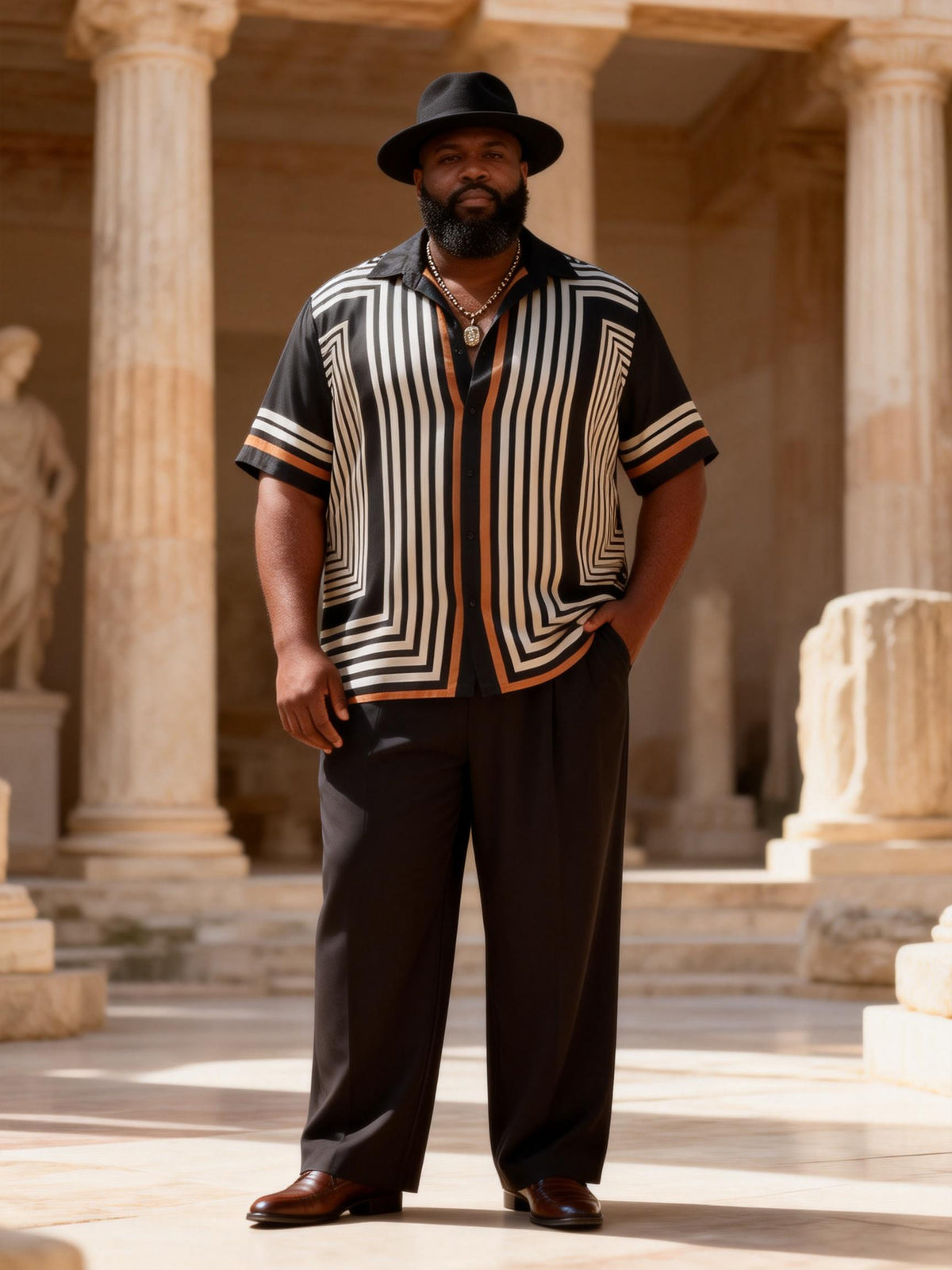 Big & Tall Men's Geometric Stripe Contrast Printed Short Sleeve Shirt Trousers Set