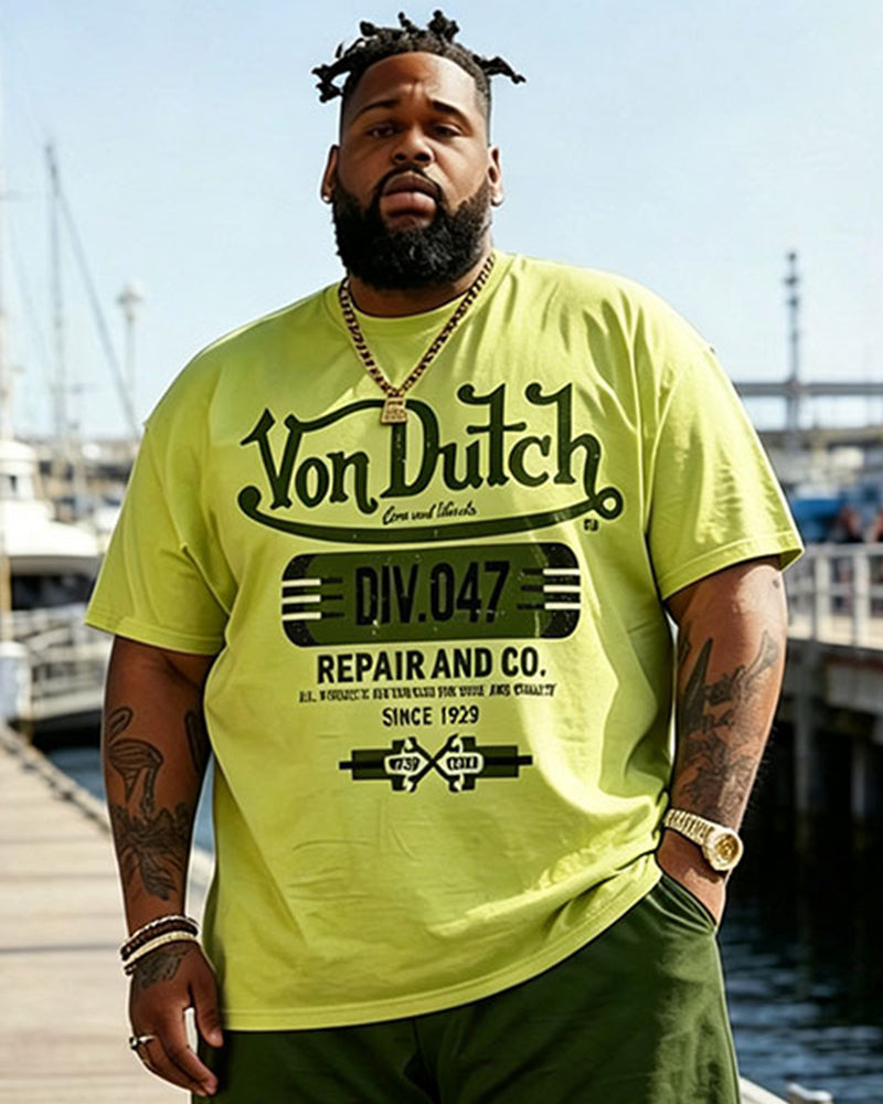 Big & Tall Men's American Vintage Von Dutch Printed Round Neck Short Sleeve T-Shirt and Shorts Set