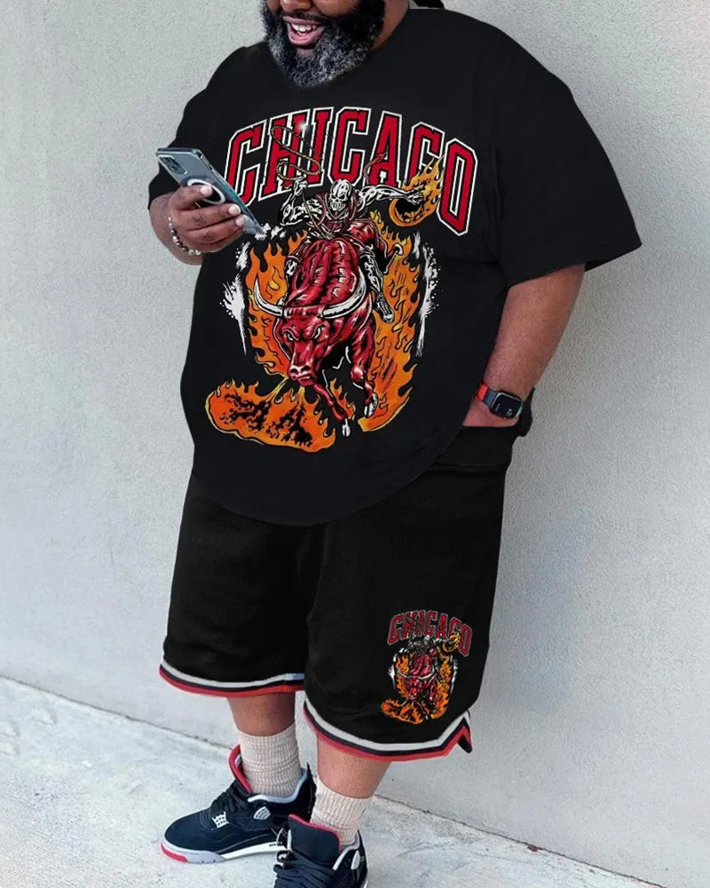 Big & Tall Men's Black Flame Letter Print Round Neck Short Sleeve T-Shirt Shorts Set