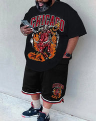 Big & Tall Men's Black Flame Letter Print Round Neck Short Sleeve T-Shirt Shorts Set