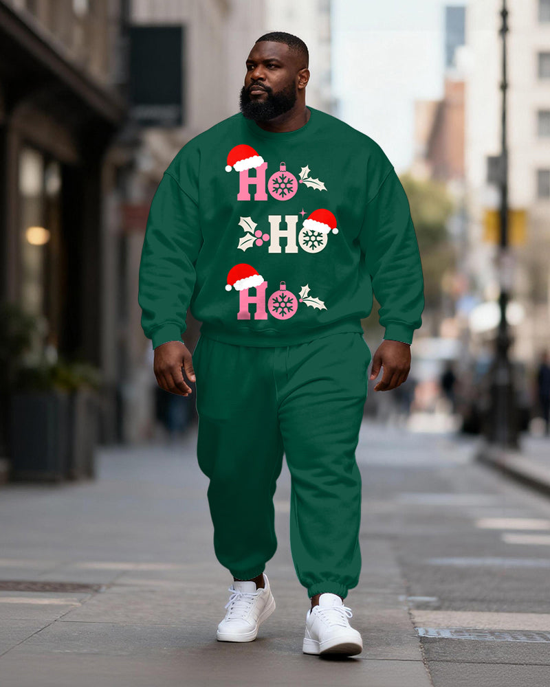 Big & Tall Men's Green "HO HO HO" Christmas Hat Printed Crewneck Sweat Set