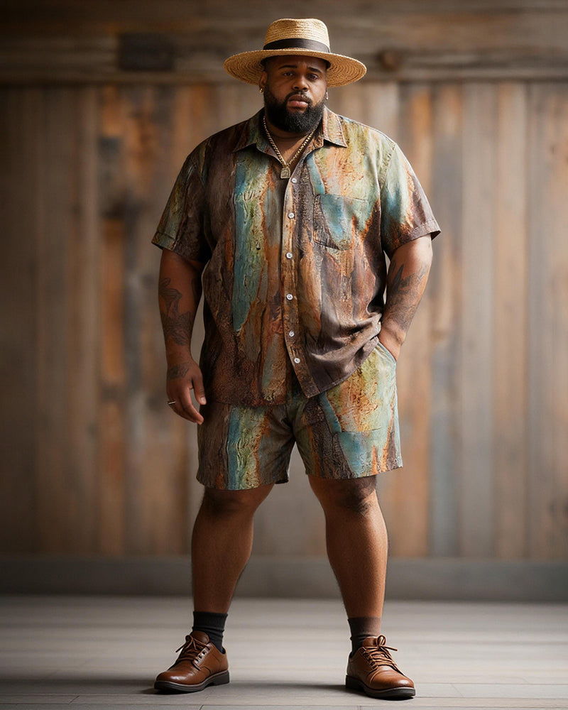 Big & Tall Men's Textured Contrast Print Short Sleeve Shirt Shorts Set