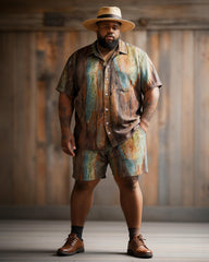 Big & Tall Men's Textured Contrast Print Short Sleeve Shirt Shorts Set