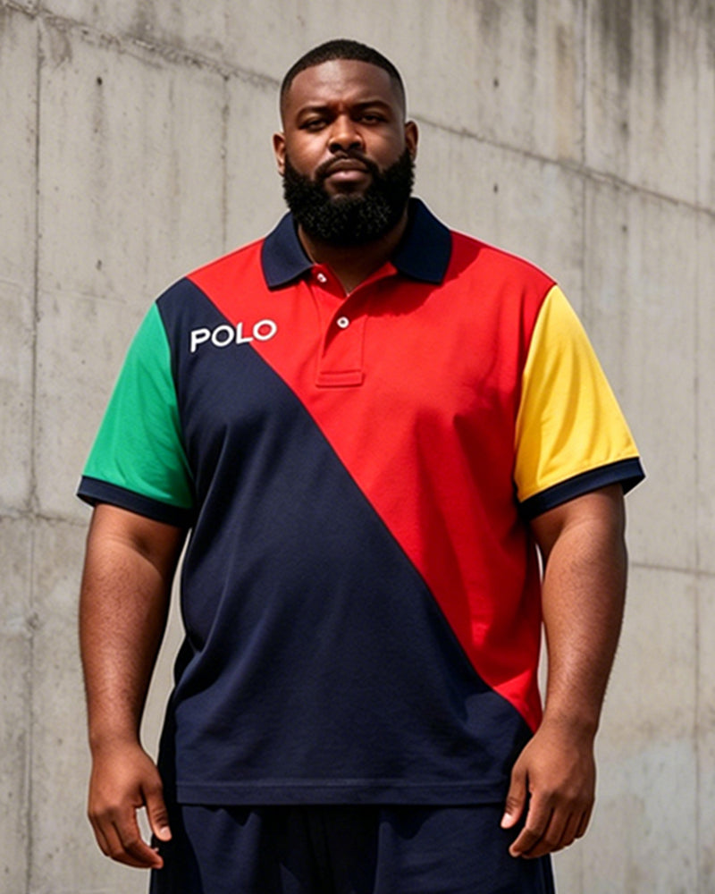 Big & Tall Men's Red And Black Contrast Letter Printed POLO Short Sleeve Shorts Set