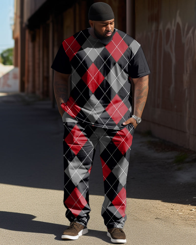 Big & Tall Men's Black And Red Classic Diamond Print T-Shirt Pants Set