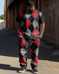 Big & Tall Men's Black And Red Classic Diamond Print T-Shirt Pants Set