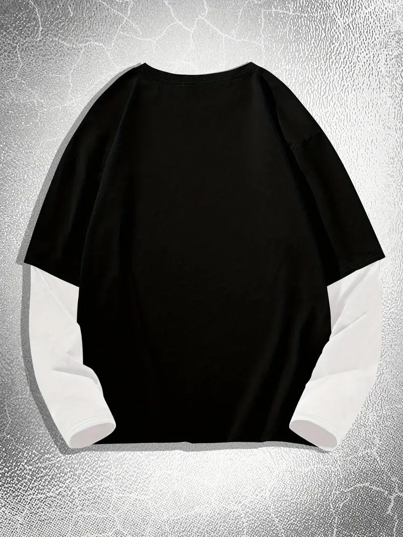 Big & Tall Men's Religious Thorn Head Printed Fake Two Long Sleeve T-Shirts