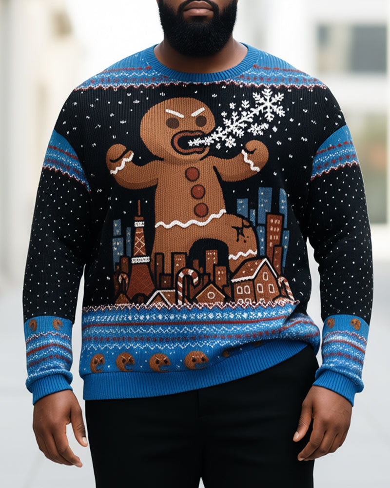 Big & Tall Men's Christmas Blue Gingerbread Man Print Crewneck Ugly Sweater