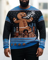Big & Tall Men's Christmas Blue Gingerbread Man Print Crewneck Ugly Sweater