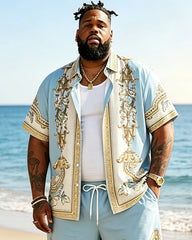 Big & Tall Men's Light Blue Vintage Baroque Print Short Sleeve Shirt Shorts Set