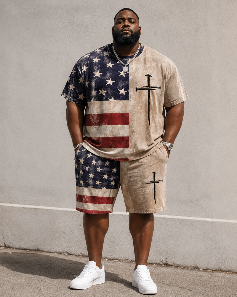 Big & Tall Men's Distressed American Flag Half-split Cross Printed Crew Neck Short Sleeve T-shirt Shorts Set