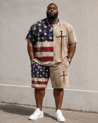 Big & Tall Men's Distressed American Flag Half-split Cross Printed Crew Neck Short Sleeve T-shirt Shorts Set