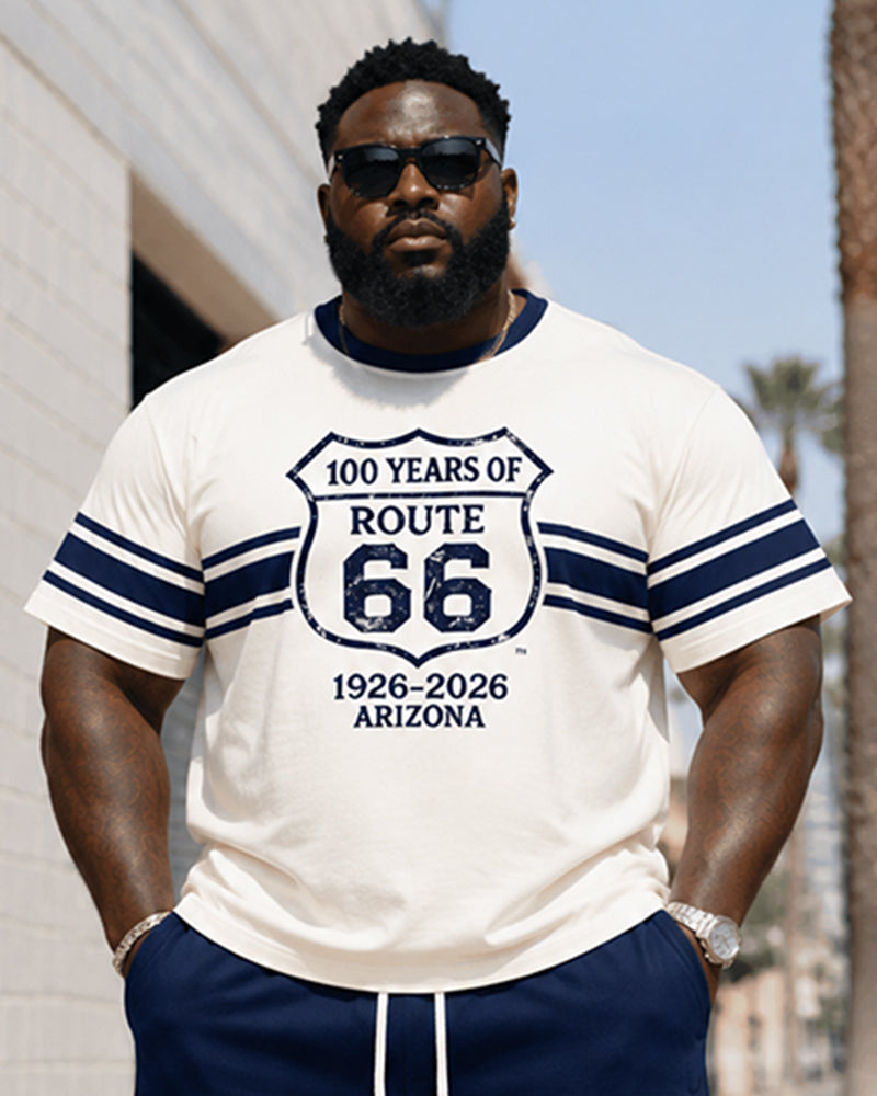 Big & Tall Men's Route 66 Centennial Striped Shield Printed Crewneck Short Sleeve T-Shirt Shorts Set