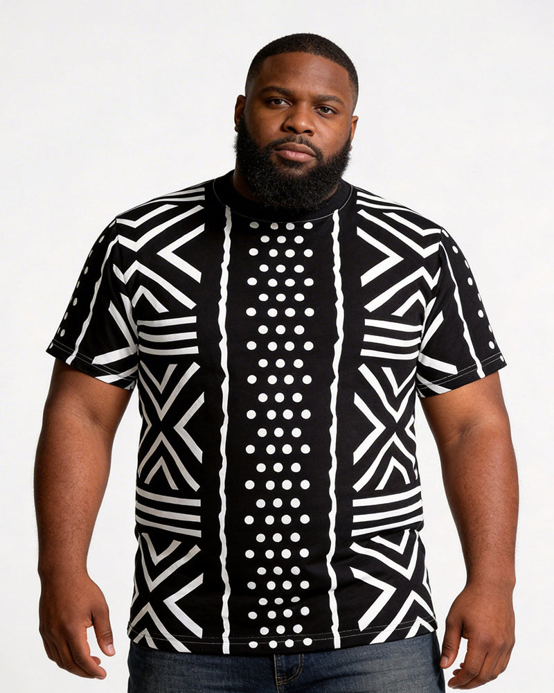 Big & Tall Men's Black And White Geometric Polka Dot African Print Round Neck Short Sleeve T-Shirt