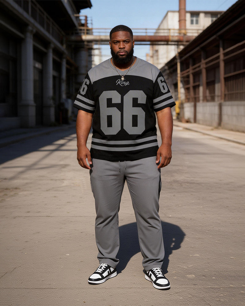 Big & Tall Men's Grey-Black Colorblock 66 Printed T-Shirt Pants Set