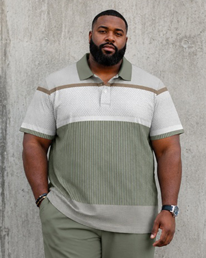 Big & Tall Men's Light Green Patchwork Texture Printed Polo Short Sleeve Pants Set