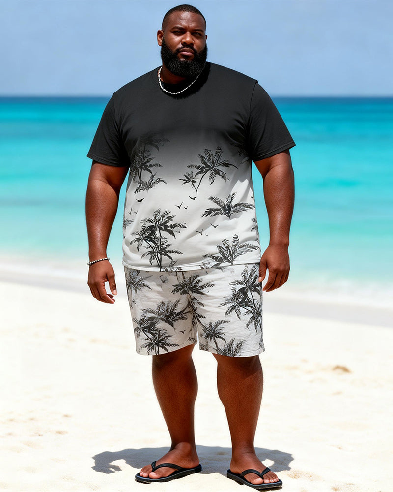 Big & Tall Men’s Black And White Ombre Coconut Tree And Flying Birds Print Crew-Neck Short-Sleeve T-Shirt And Shorts Set