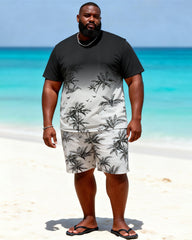 Big & Tall Men’s Black And White Ombre Coconut Tree And Flying Birds Print Crew-Neck Short-Sleeve T-Shirt And Shorts Set