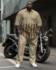 Big & Tall Men's Khakis African Figure Print Long Sleeve Shirt Pants Set
