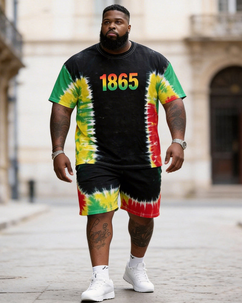 Big & Tall Men's 1865 Tie-dye Red, Yellow And Green Printed Crew Neck Short Sleeve T-shirt Shorts Set
