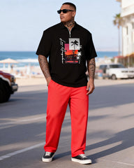 Big & Tall Men's Los Angeles Sunset Print Zipper Polo Short Sleeve Pants Set