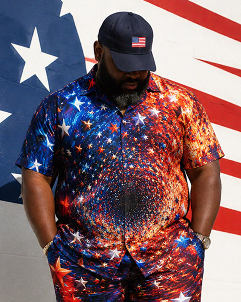 Big & Tall Men's Starry Sky Gradient Five-pointed Star Printed Short Sleeve Shirt Shorts Set