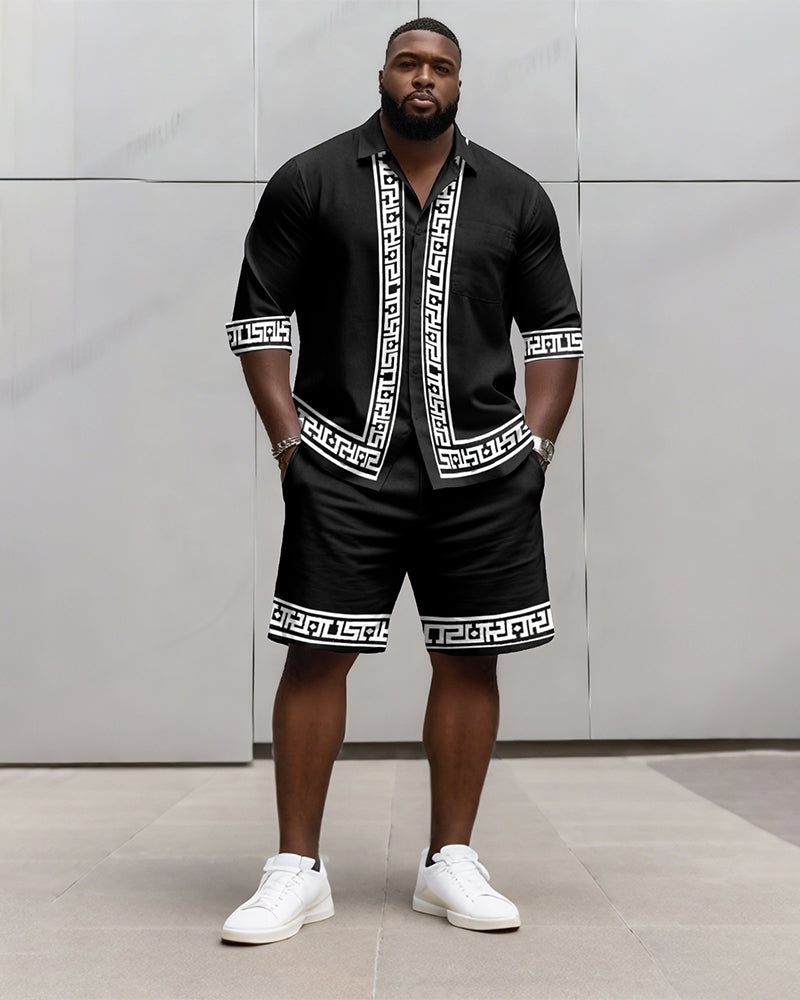 Big & Tall Men's Business Black Retro Geometric Print Long Sleeve Shirt Shorts Set