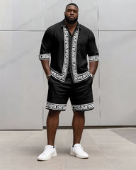 Big & Tall Men's Business Black Retro Geometric Print Long Sleeve Shirt Shorts Set