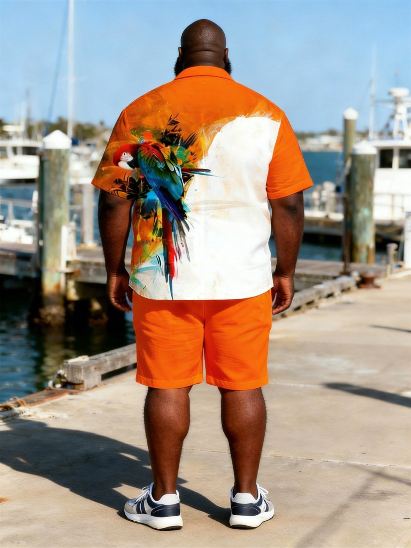 Big & Tall Men's Orange And White Color Block Parrot Print Short Sleeve Shirt Shorts Set