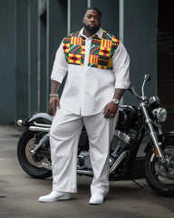 Big & Tall Men's Kent Cloth Patchwork Printed Long Sleeve Shirt Pants Set