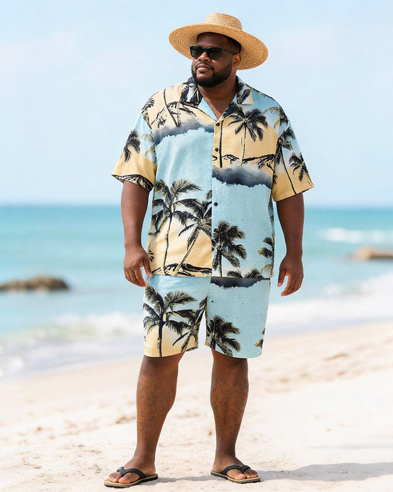 Big & Tall Men's Yellow And Blue Gradient Coconut Printed Short Sleeve Shirt Shorts Set