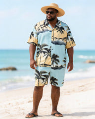 Big & Tall Men's Yellow And Blue Gradient Coconut Printed Short Sleeve Shirt Shorts Set