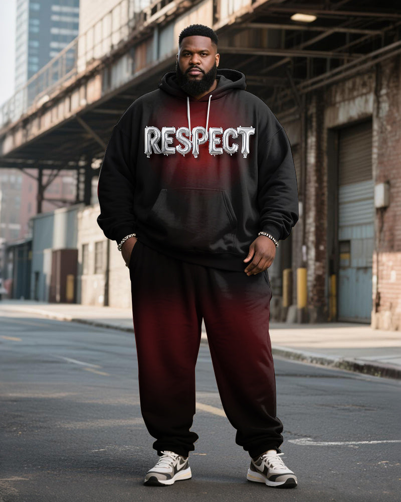 Big & Tall Men's Black And Red Gradient Respect Letter Print Hoodie Set