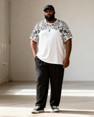 Big & Tall Men's Black And White Retro Scrollwork Print T-Shirt And Pants Set