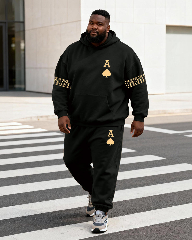 Big & Tall Men's Black And Yellow Contrast A Letter Geometric Print Hoodie Set