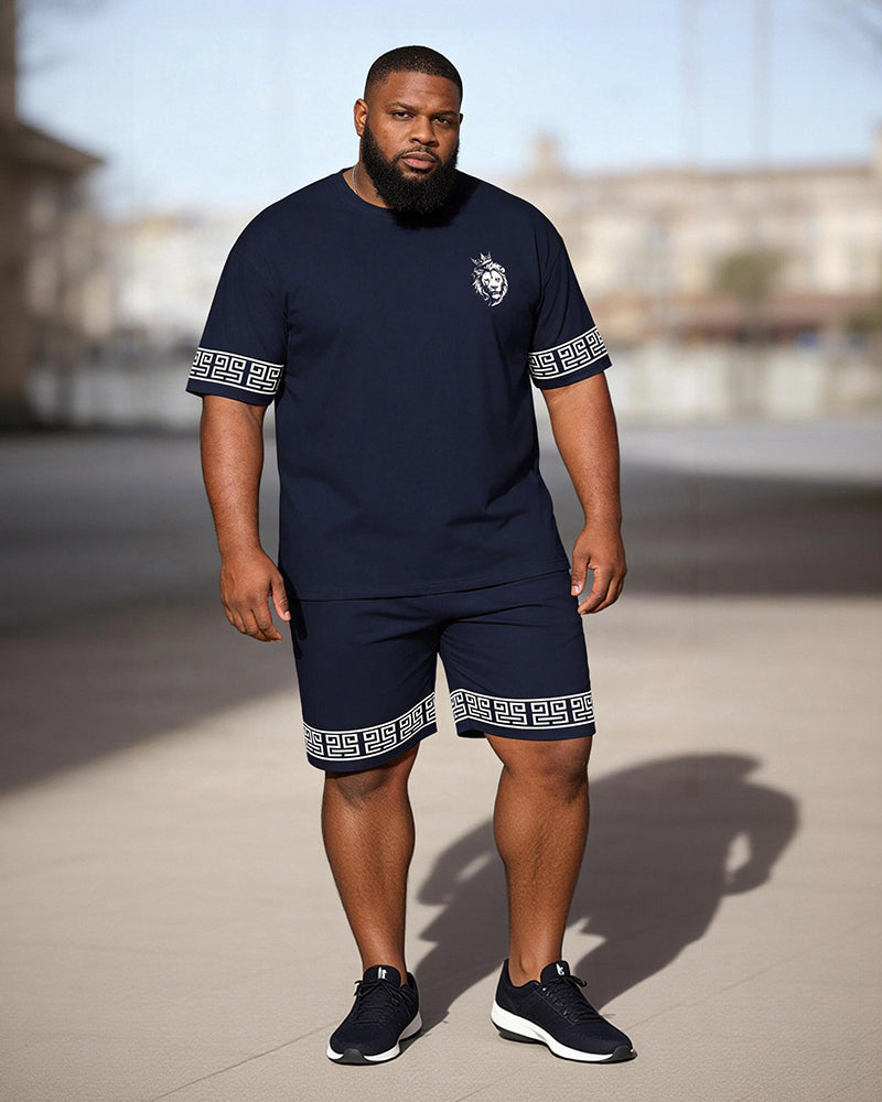 Big & Tall Men's Tibetan Lion Head Greek Print Crew Neck Short Sleeve T-shirt Shorts Set
