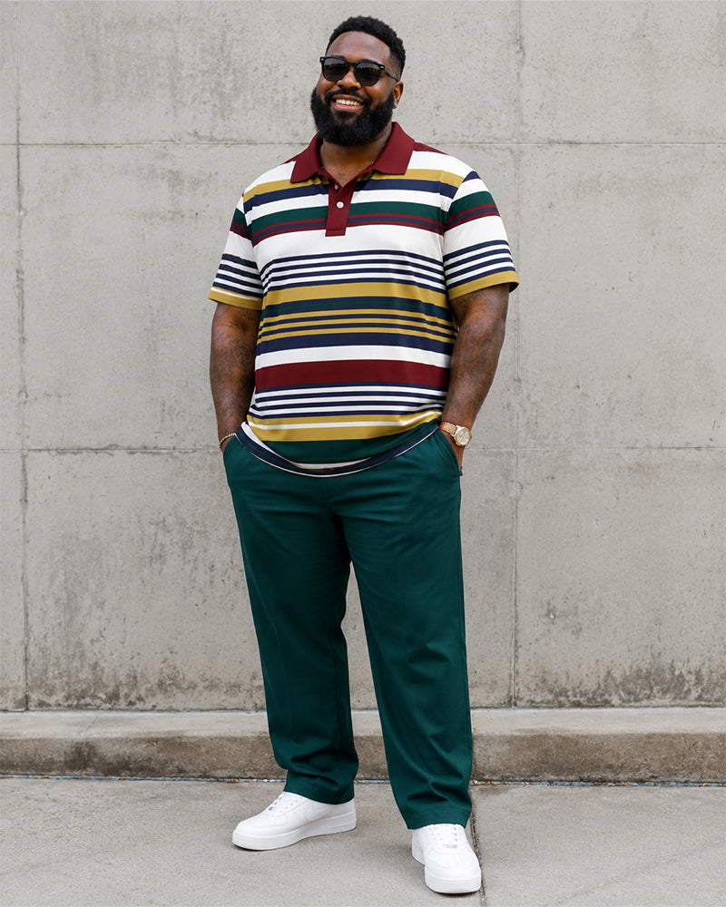 Big & Tall Men’s Retro Multicolor Horizontal Stripe Printed Polo Short-Sleeve Pants Set
