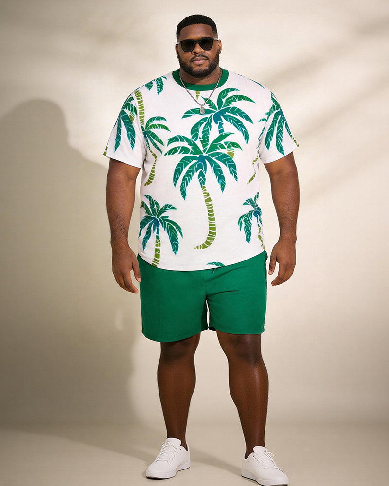 Big & Tall Men’s White Base Green Coconut Tree Print Crew Neck Short-Sleeve T-Shirt And Shorts Set