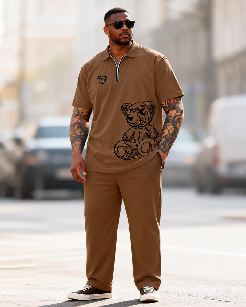 Big & Tall Men's Graffiti Bear Print Zipper Polo Short Sleeve Pants Set